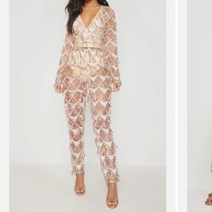 PrettyLittleThing Rose Gold Sequin Plunge Jumpsuit